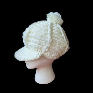 Scandi Girl Fiddler Newsboy Pageboy Knit Hat Cadet Brim Pom Pom Boho Vintage